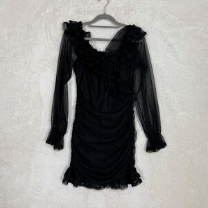 Privy Black Mesh Ruched Mini Dress Size L Dark Feminine Romantic Sheer Bodycon